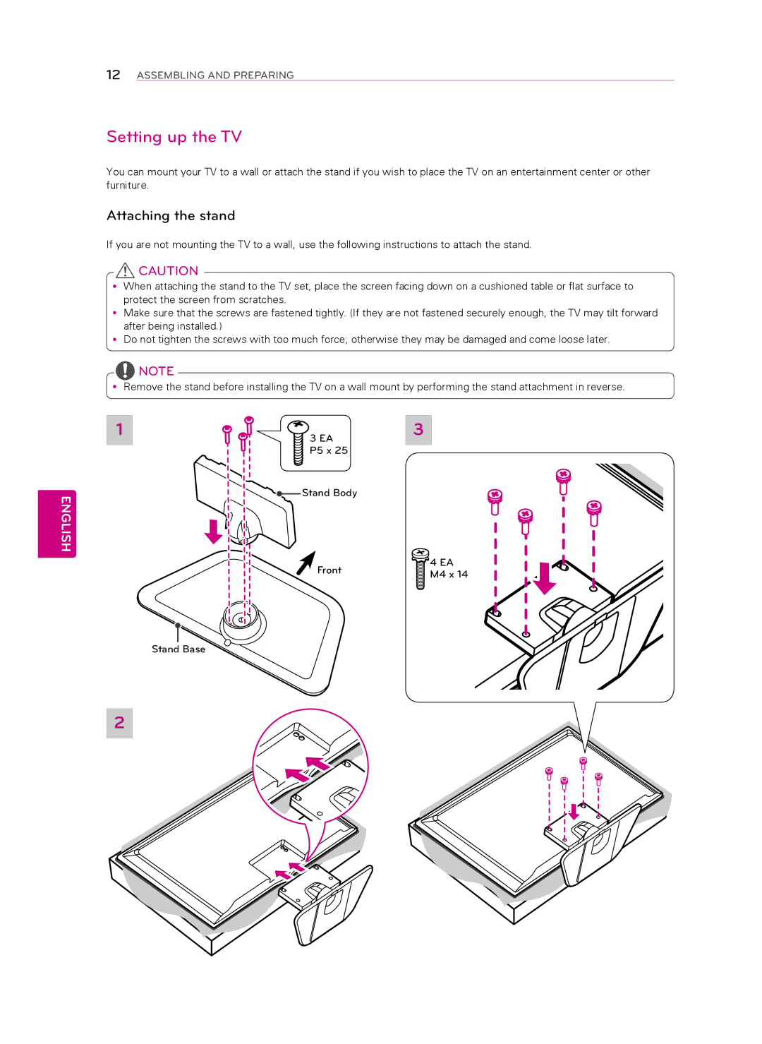 LG Electronics 47LN5400, 55LN5400, 50LN5400, 42LN5300, 42LN5200, 39LN5300, 32LN520B Setting up the TV, Attaching the stand 