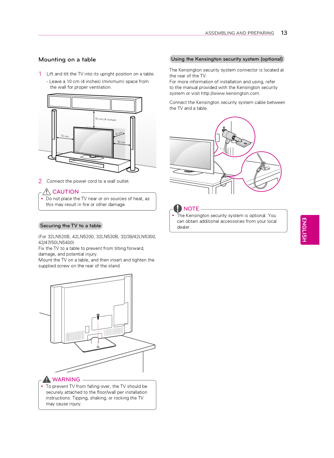 LG Electronics 42LN5300 Mounting on a table, Using the Kensington security system optional, Securing the TV to a table 