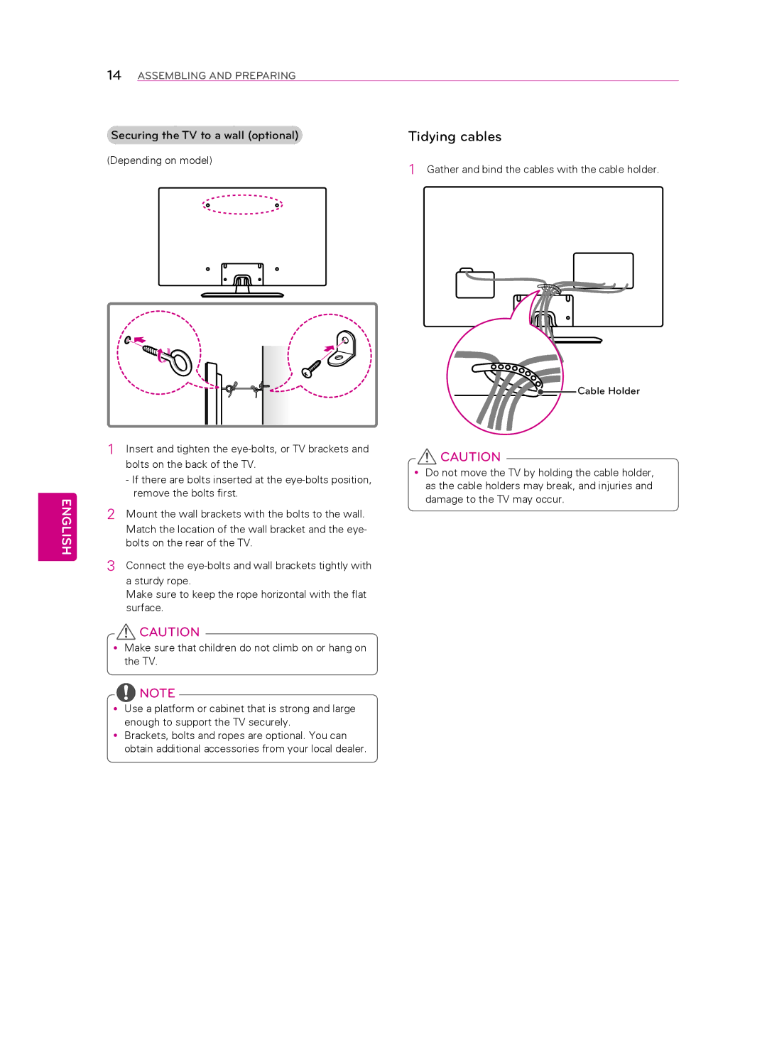 LG Electronics 42LN5200, 55LN5400, 50LN5400, 47LN5400, 42LN5300, 39LN5300 Tidying cables, Securing the TV to a wall optional 