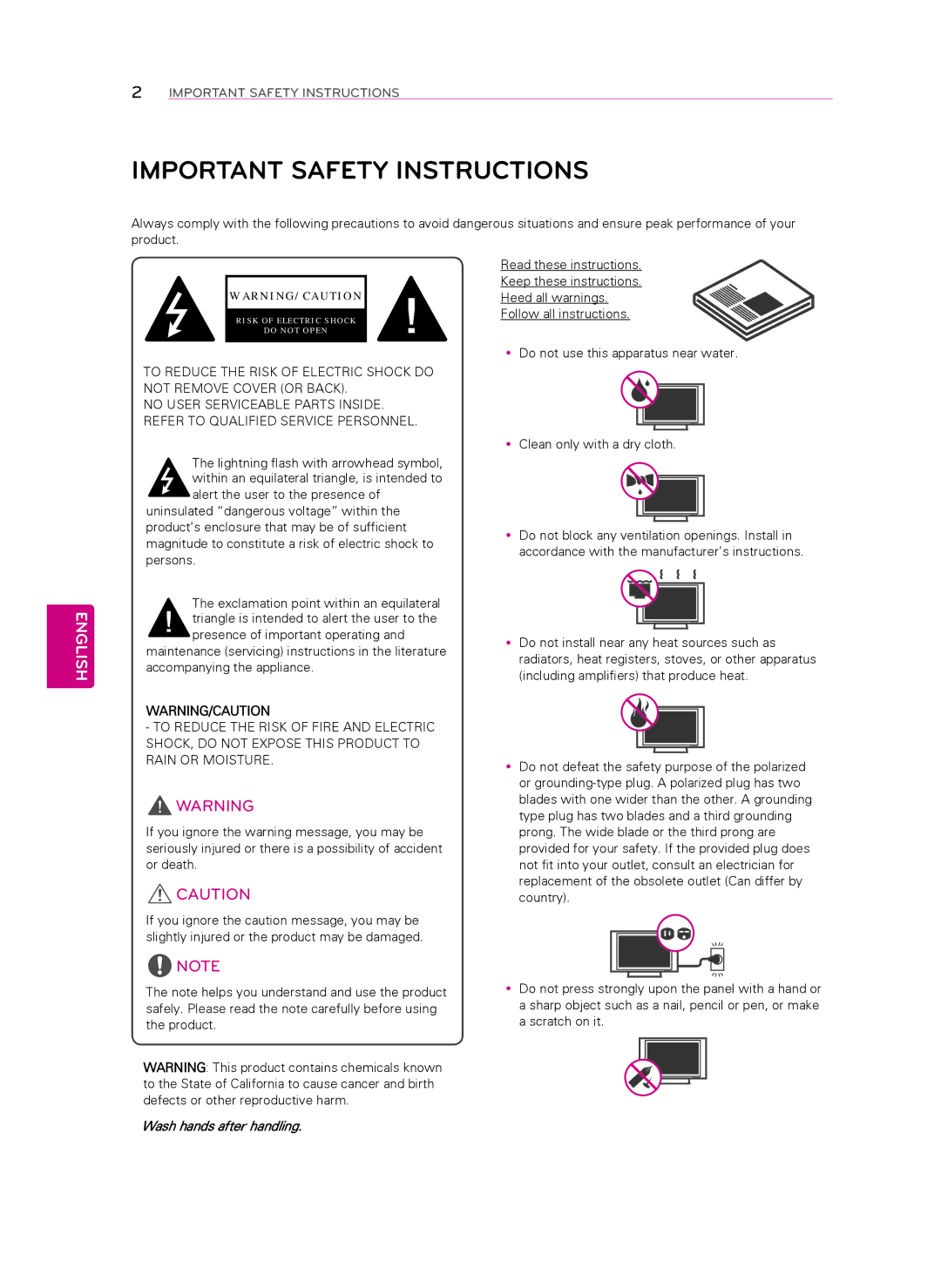 LG Electronics 47LN5400, 55LN5400, 50LN5400, 42LN5300, 42LN5200, 39LN5300, 32LN520B Important Safety Instructions, English 