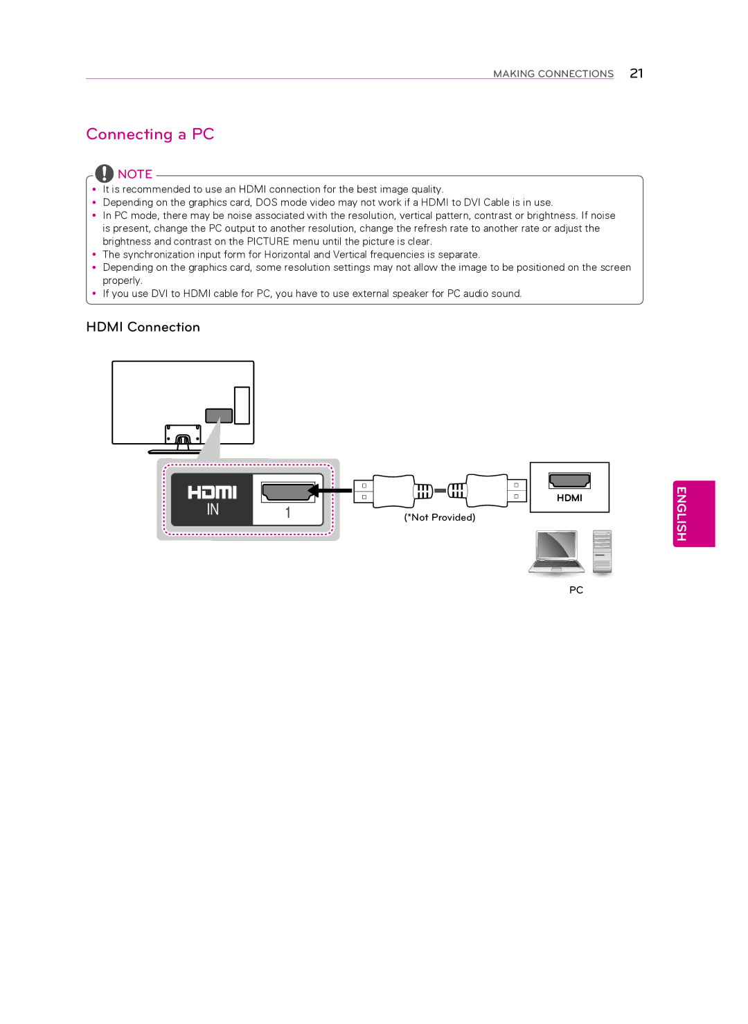 LG Electronics 50LN5400, 55LN5400, 47LN5400, 42LN5300, 42LN5200, 39LN5300, 32LN520B, 32LN5300 Connecting a PC, Hdmi Connection 