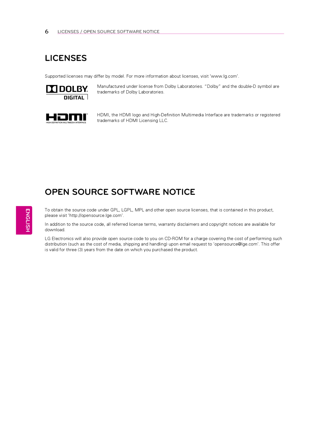 LG Electronics 32LN520B, 55LN5400, 50LN5400, 47LN5400, 42LN5300, 42LN5200, 39LN5300 Licenses, Open Source Software Notice 