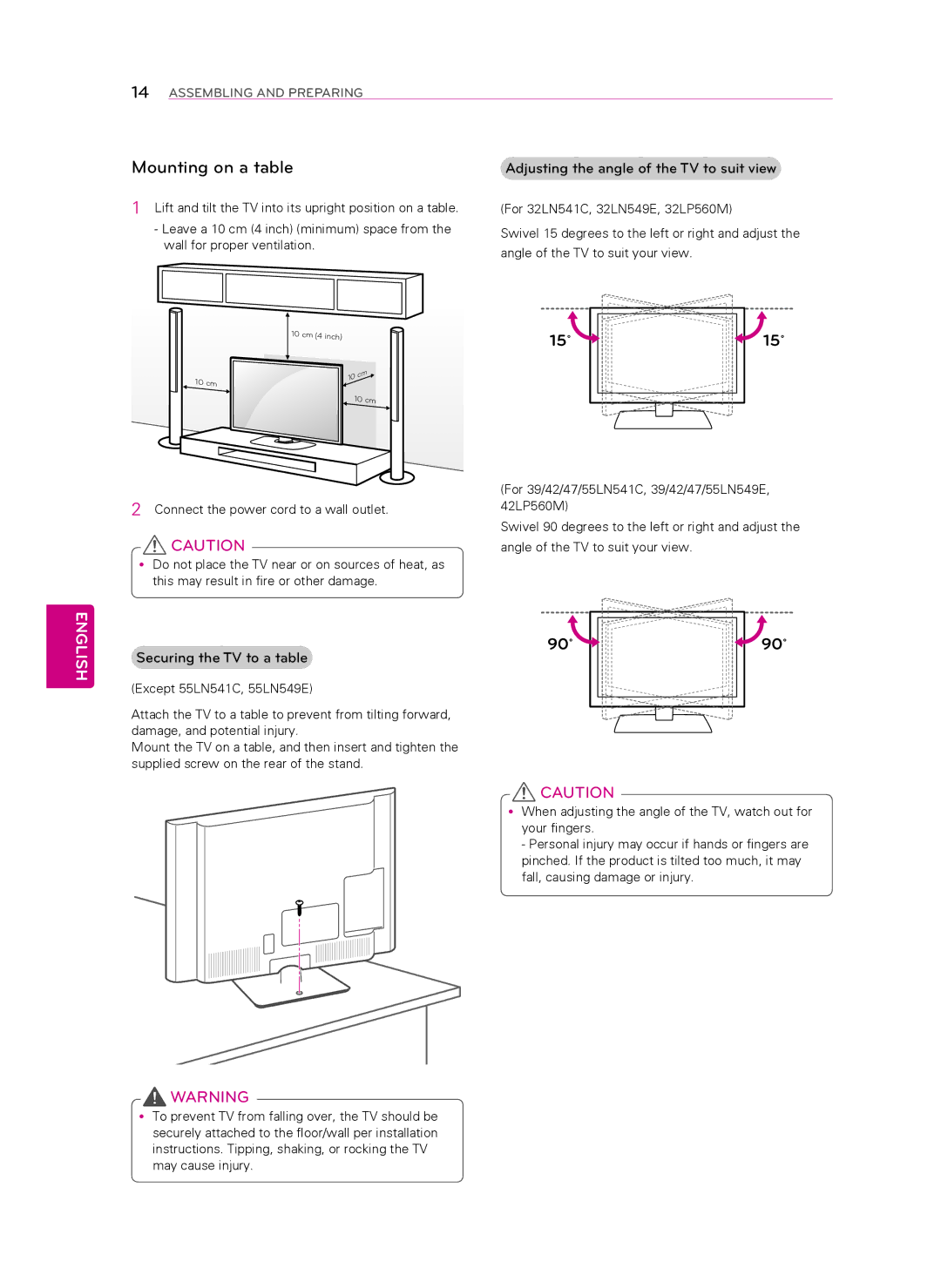 LG Electronics 47LN541C, 55LN549E, 55LN541C, 47LN549E manual Mounting on a table, Adjusting the angle of the TV to suit view 