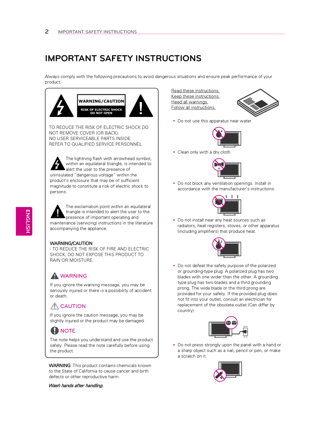 LG Electronics 47LN541C, 55LN549E, 55LN541C, 47LN549E, 32LN549E, 39LN549E, 32LP560M manual Important Safety Instructions, English 