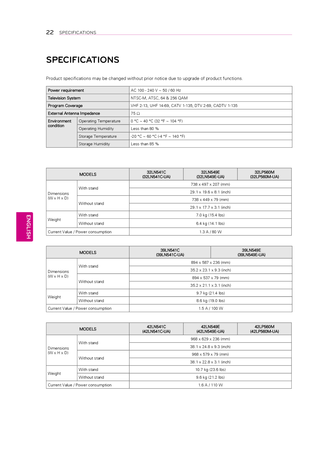 LG Electronics 42LN541C, 55LN549E, 55LN541C, 47LN541C, 47LN549E, 32LN549E, 39LN549E, 32LP560M, 42LN549E, 42LP560M Specifications 