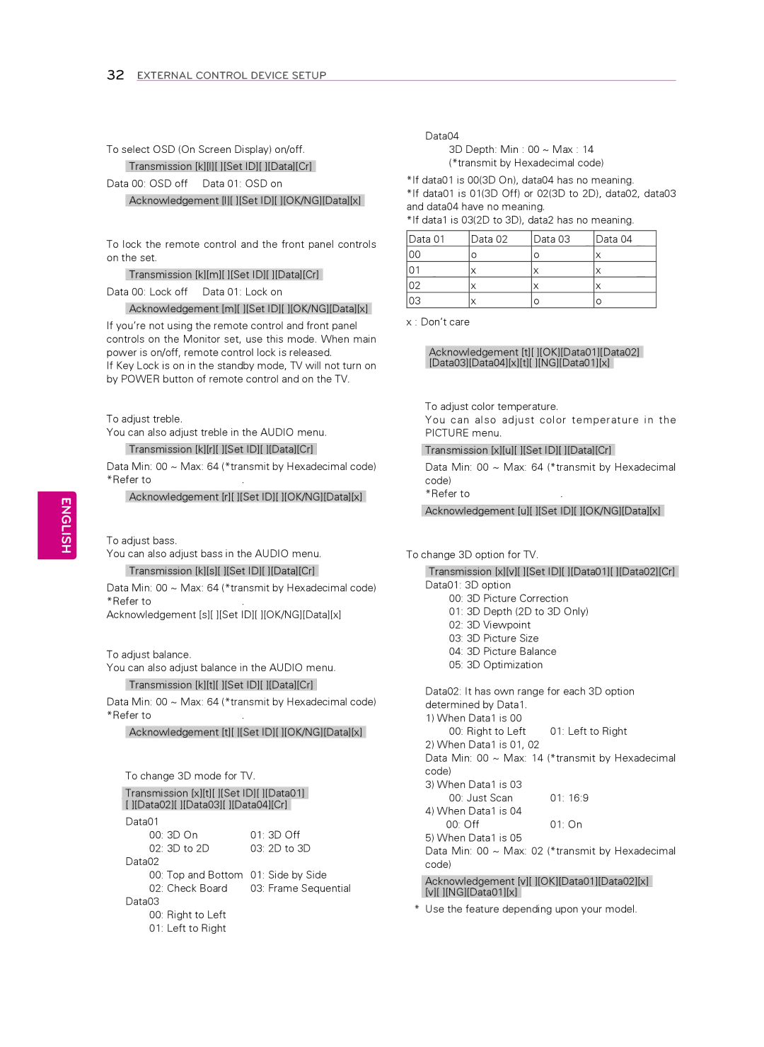 LG Electronics 42LP560M OSD Select Command k l, Remote Control Lock Mode Command k m, Treble Command k r To adjust treble 