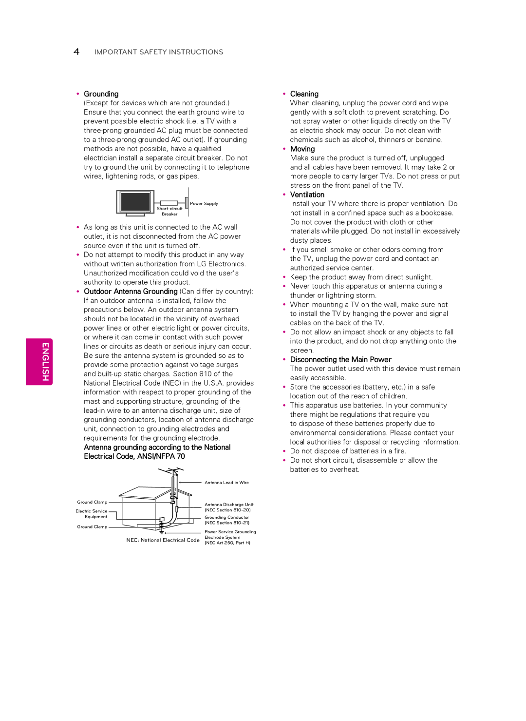 LG Electronics 32LN549E, 55LN549E, 55LN541C, 47LN541C YyGrounding, YyMoving, YyVentilation, YyDisconnecting the Main Power 