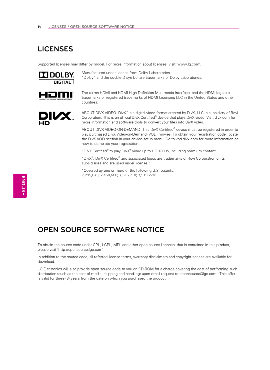 LG Electronics 32LP560M, 55LN549E, 55LN541C, 47LN541C, 47LN549E, 32LN549E, 39LN549E manual Licenses, Open Source Software Notice 