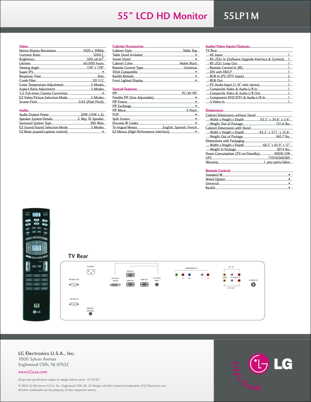 LG Electronics 55LP1M manual TV Rear, LG Electronics U.S.A., Inc 