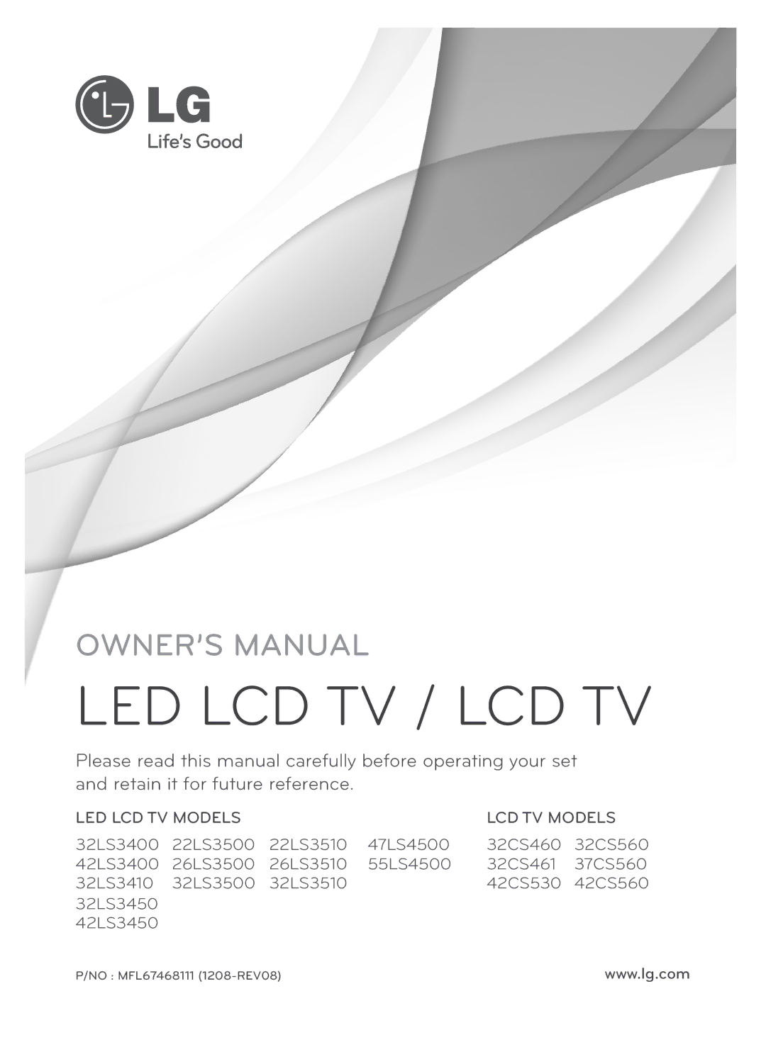 LG Electronics 47LS4500, 55LS4500, 42CS530, 42CS560, 32CS560 3, 32CS461, 7CS560 owner manual Led Lcd Tv / Lcd Tv 