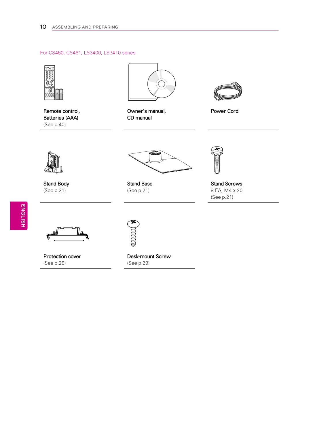 LG Electronics 42CS560, 55LS4500, 47LS4500, 42CS530, 7CS560 Protection cover Desk-mount Screw See p.28 See p.29, Stand Screws 