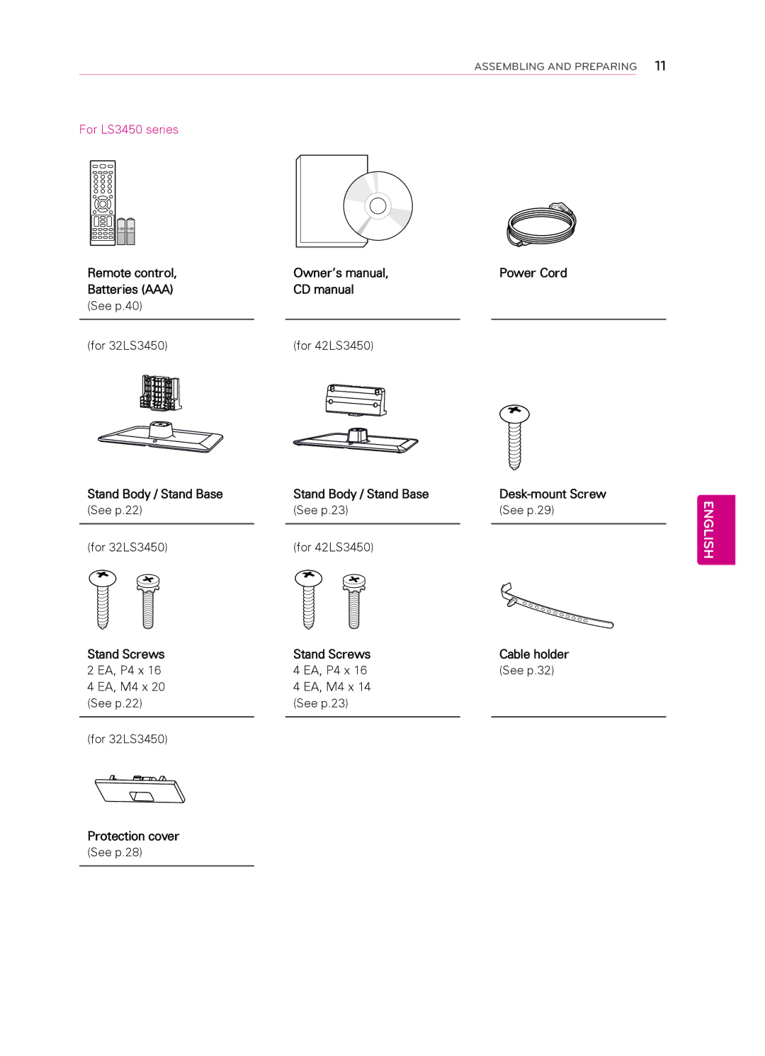 LG Electronics 32CS560 3, 55LS4500, 47LS4500, 42CS530, 42CS560, 32CS461, 7CS560 Stand Screws Cable holder, Protection cover 