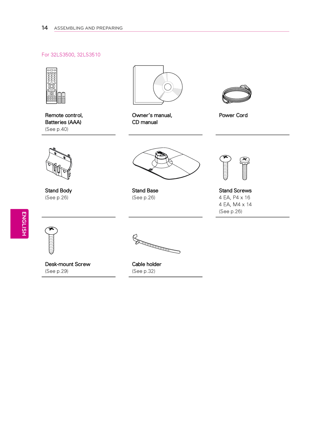 LG Electronics 55LS4500, 47LS4500, 42CS530, 42CS560, 32CS560 3, 32CS461, 7CS560 Desk-mount Screw Cable holder See p.29 See p.32 