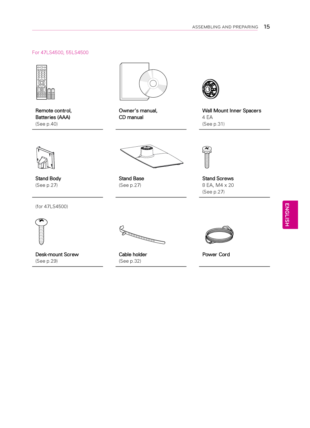 LG Electronics 47LS4500, 55LS4500, 42CS530, 42CS560, 32CS560 3 Desk-mount Screw Cable holder Power Cord See p.29 See p.32 