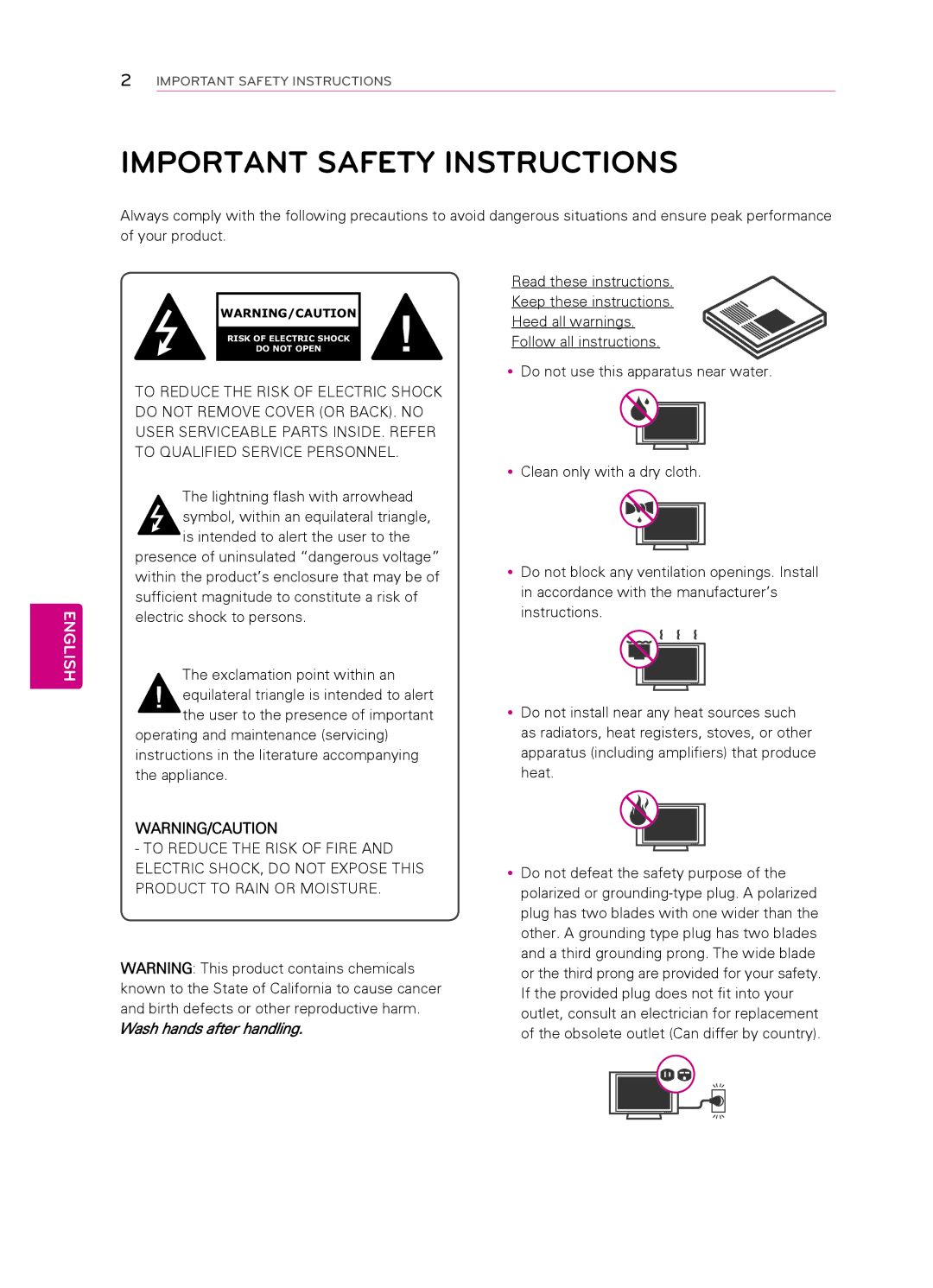 LG Electronics 42CS530, 55LS4500, 47LS4500, 42CS560, 32CS560 3, 32CS461, 7CS560 Important Safety Instructions, English 