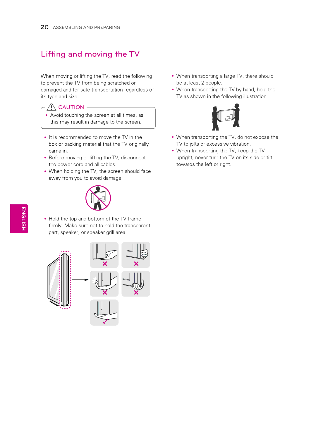 LG Electronics 7CS560, 55LS4500, 47LS4500, 42CS530, 42CS560, 32CS560 3, 32CS461 owner manual Lifting and moving the TV 