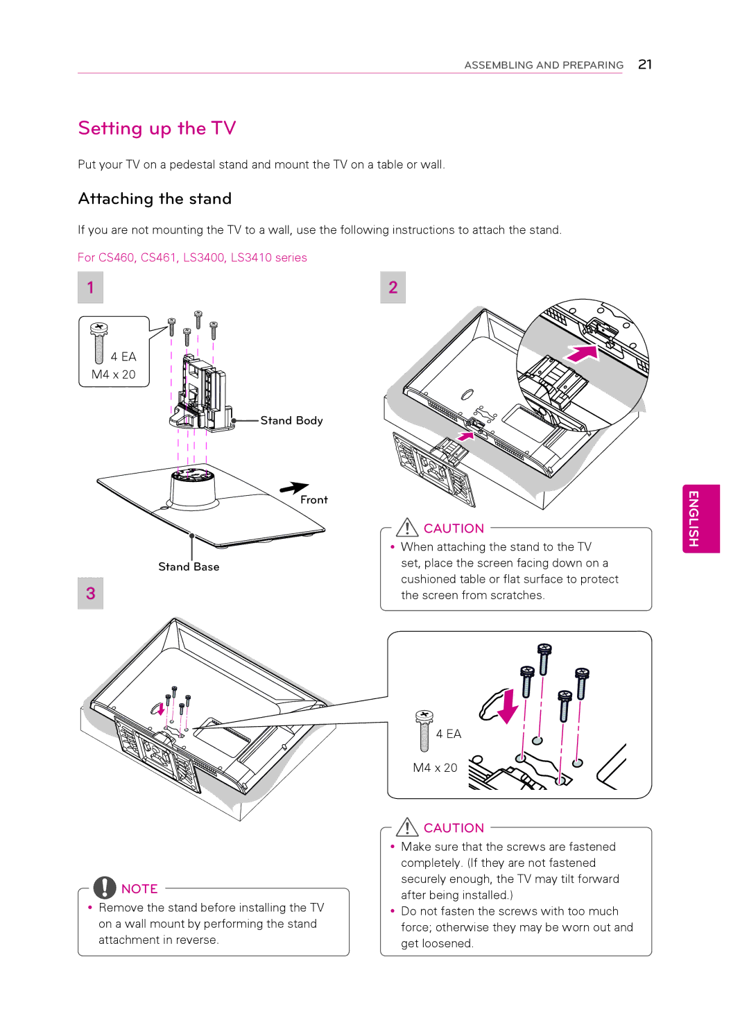 LG Electronics 55LS4500, 47LS4500, 42CS530, 42CS560, 32CS560 3, 32CS461, 7CS560 Setting up the TV, Attaching the stand 