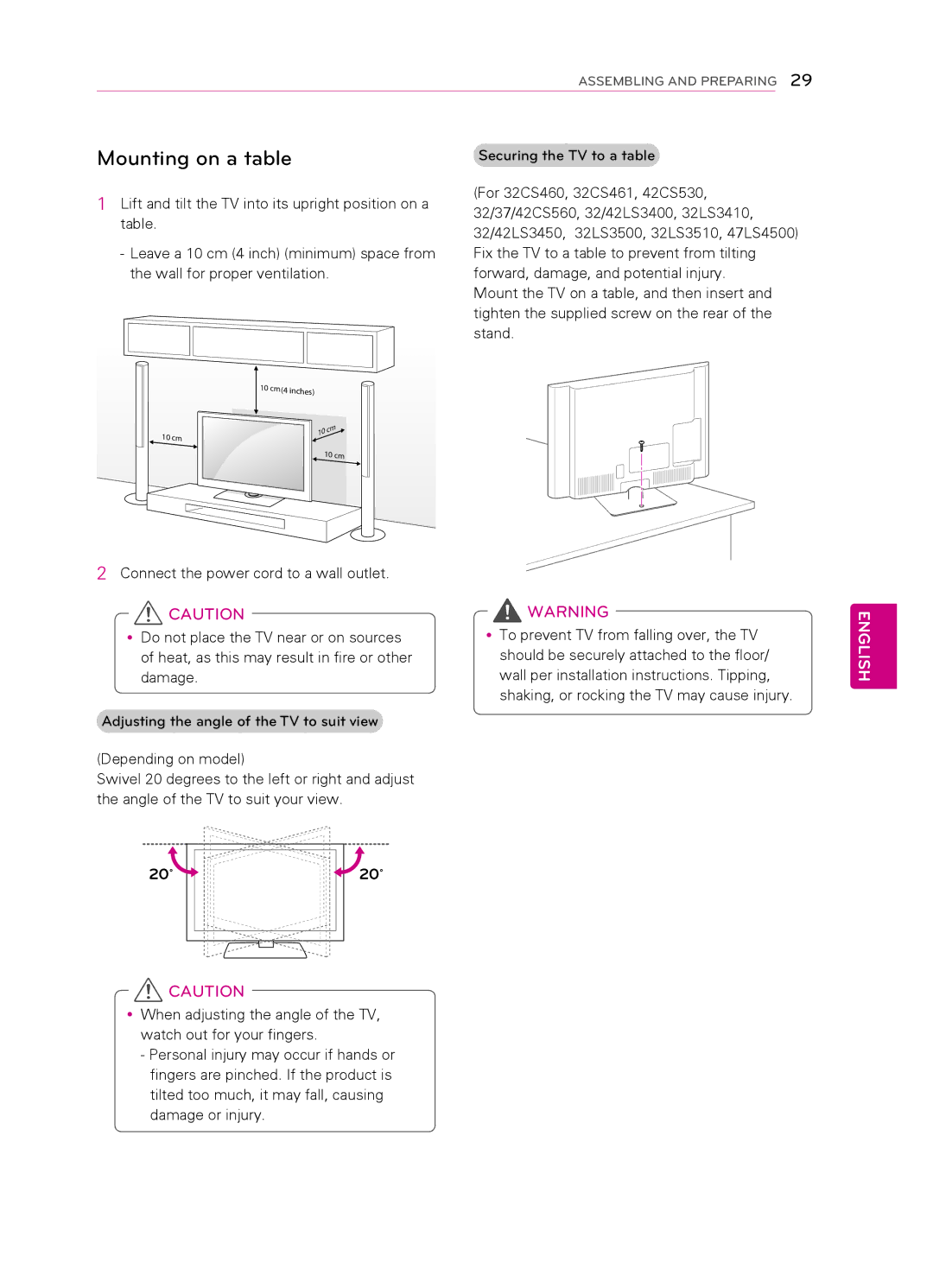 LG Electronics 47LS4500, 55LS4500, 42CS530, 42CS560, 32CS560 3, 32CS461, 7CS560 owner manual Mounting on a table, 20˚20˚ 