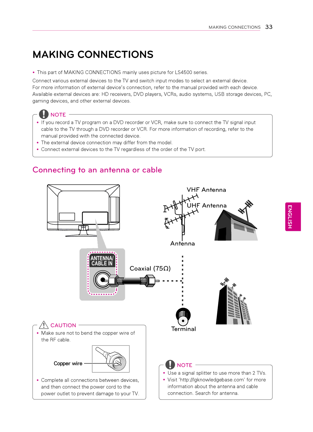 LG Electronics 32CS461, 55LS4500, 47LS4500, 42CS530 Making Connections, Connecting to an antenna or cable, Copper wire 