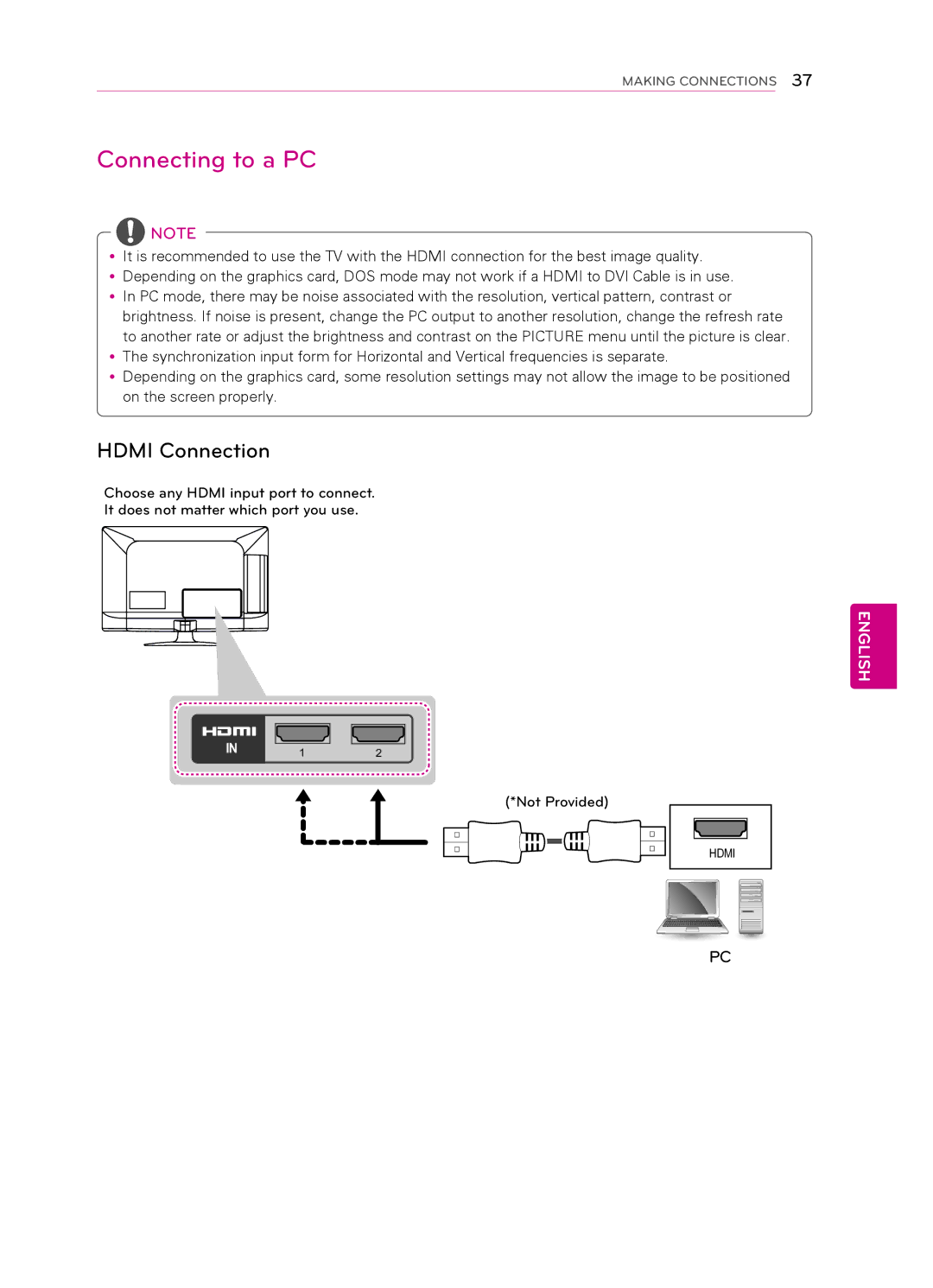 LG Electronics 42CS530, 55LS4500, 47LS4500, 42CS560, 32CS560 3, 32CS461, 7CS560 owner manual Connecting to a PC, Hdmi Connection 