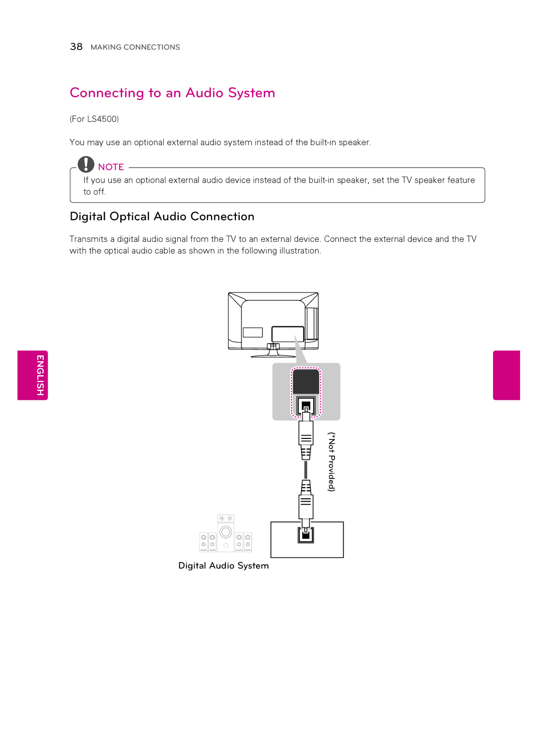 LG Electronics 42CS560, 55LS4500, 47LS4500, 42CS530, 32CS461 Connecting to an Audio System, Digital Optical Audio Connection 