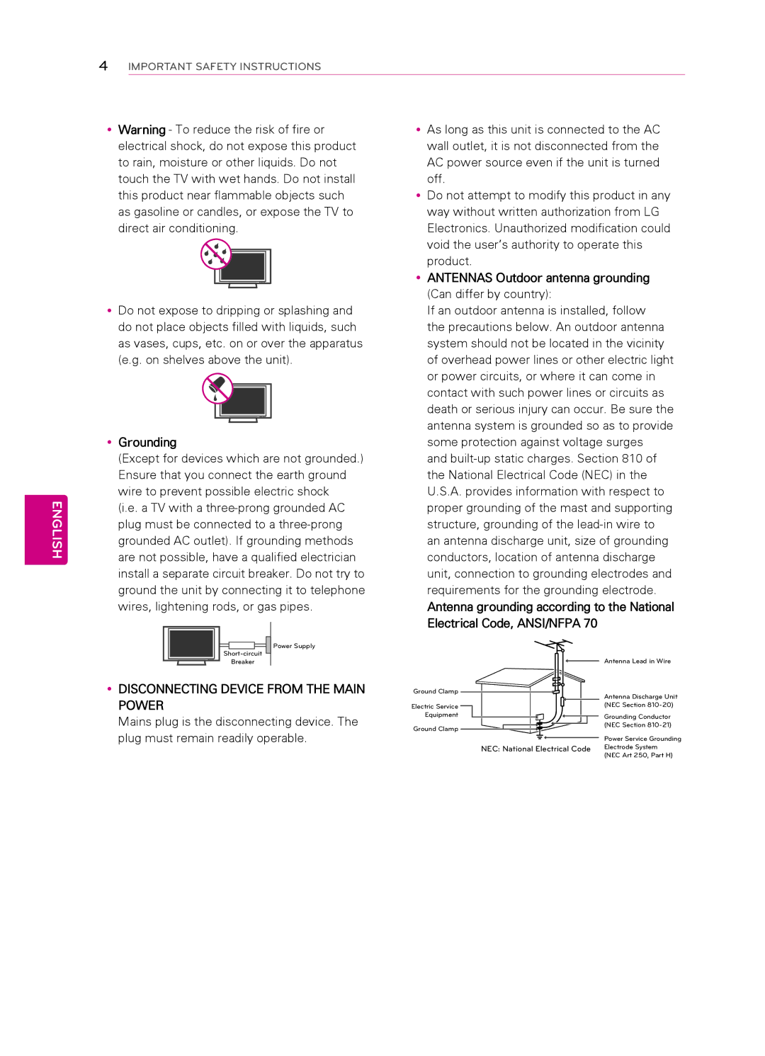 LG Electronics 32CS560 3, 55LS4500, 47LS4500, 7CS560 YyGrounding, YyANTENNAS Outdoor antenna grounding Can differ by country 