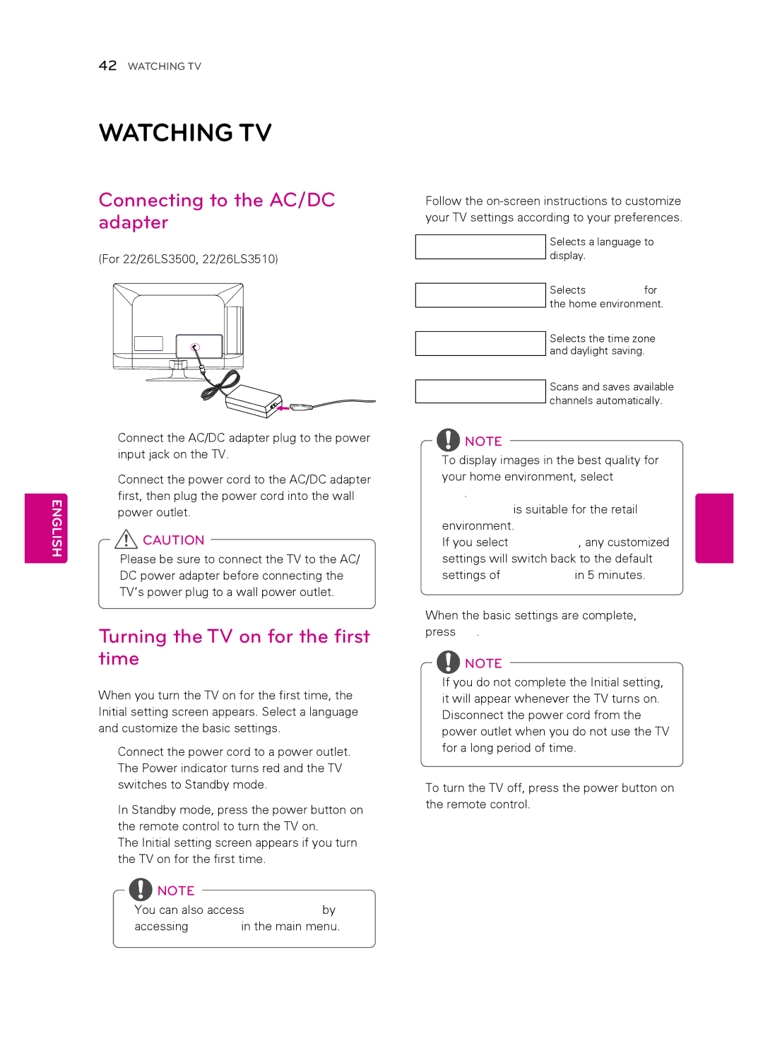 LG Electronics 55LS4500, 47LS4500 Watching TV, Connecting to the AC/DC adapter, Turning the TV on for the first time, Use 