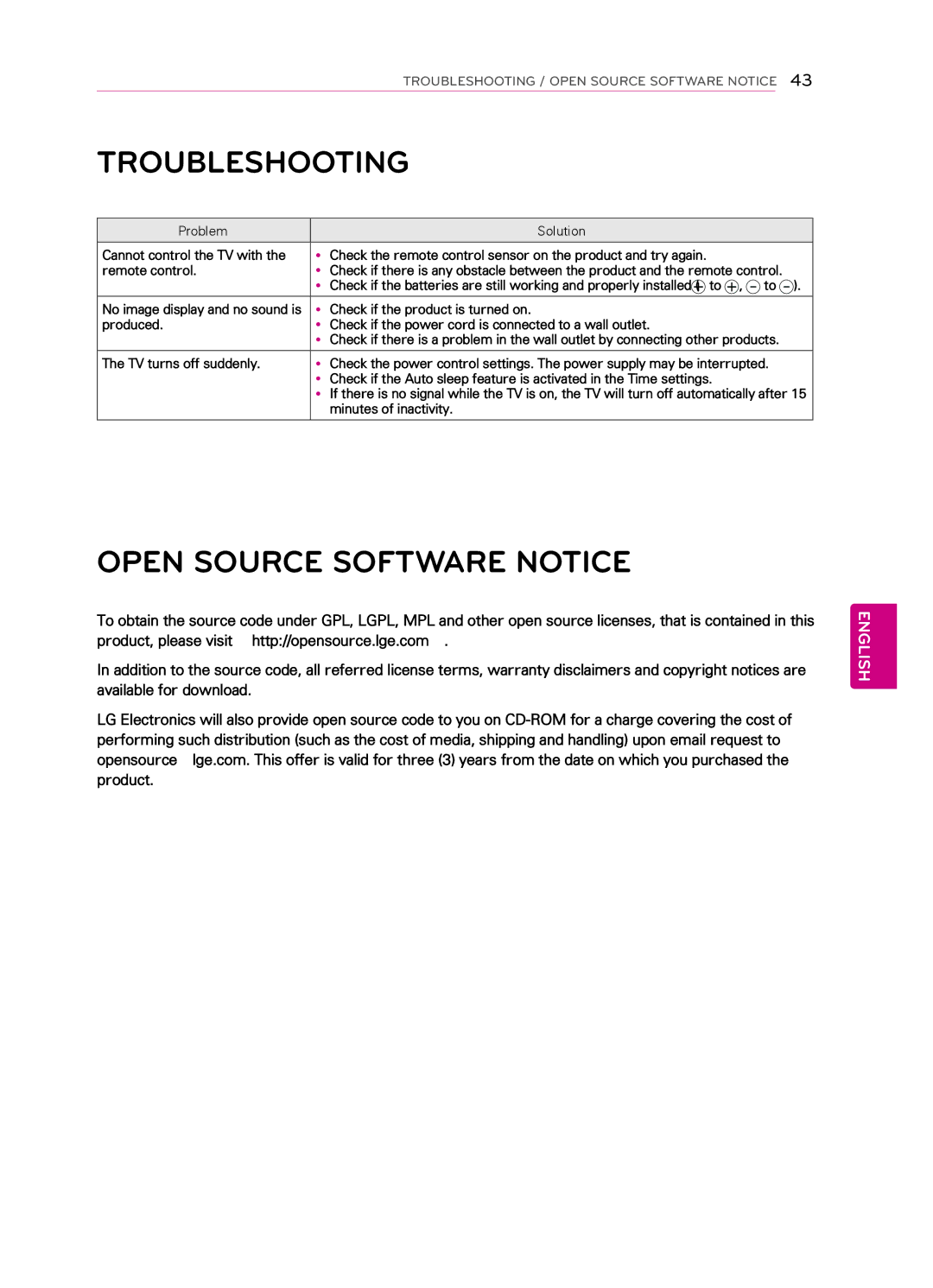 LG Electronics 47LS4500, 55LS4500, 42CS530, 42CS560, 32CS560 3 Troubleshooting, Open Source Software Notice, Problem Solution 