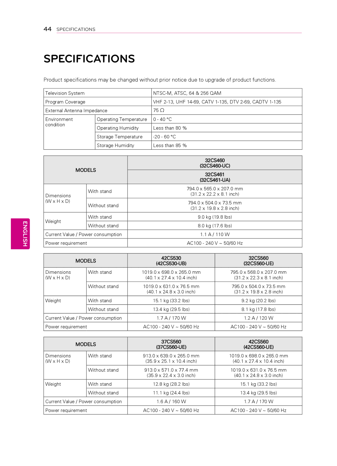 LG Electronics 42CS530, 55LS4500, 47LS4500, 42CS560, 32CS560 3, 32CS461, 7CS560 owner manual Specifications, Models 