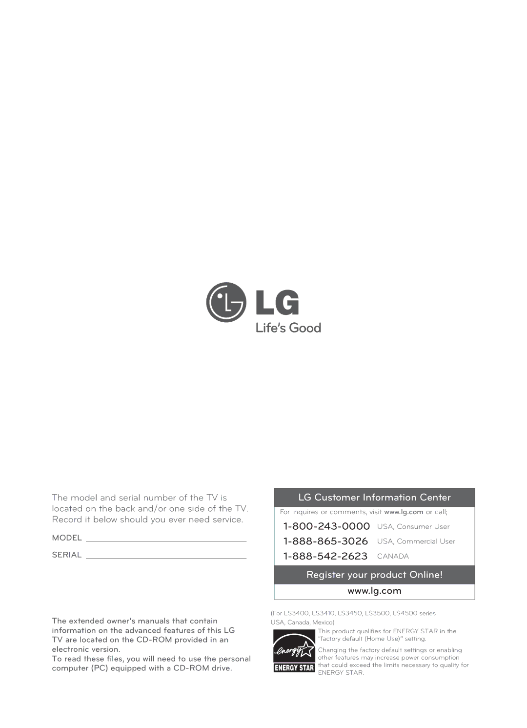 LG Electronics 7CS560, 55LS4500, 47LS4500, 42CS530, 42CS560, 32CS560 3, 32CS461 owner manual LG Customer Information Center 