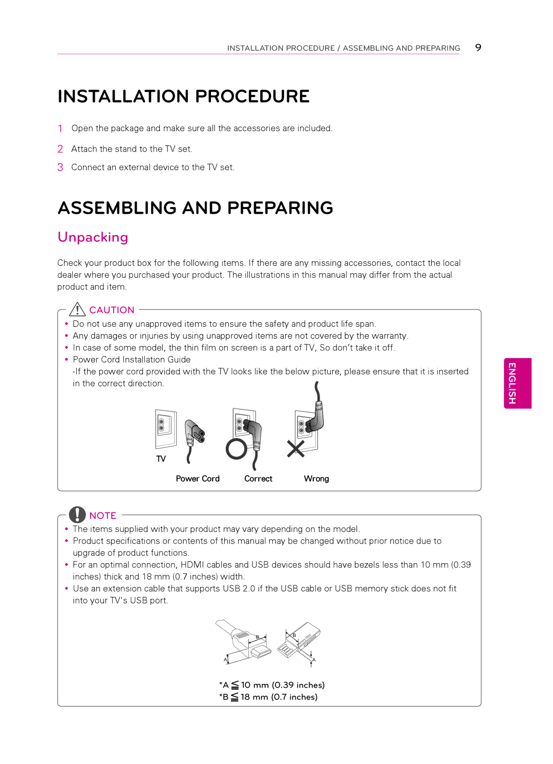 LG Electronics 42CS530, 55LS4500, 47LS4500 Installation Procedure, Assembling and Preparing, Unpacking, Power Cord Correct 