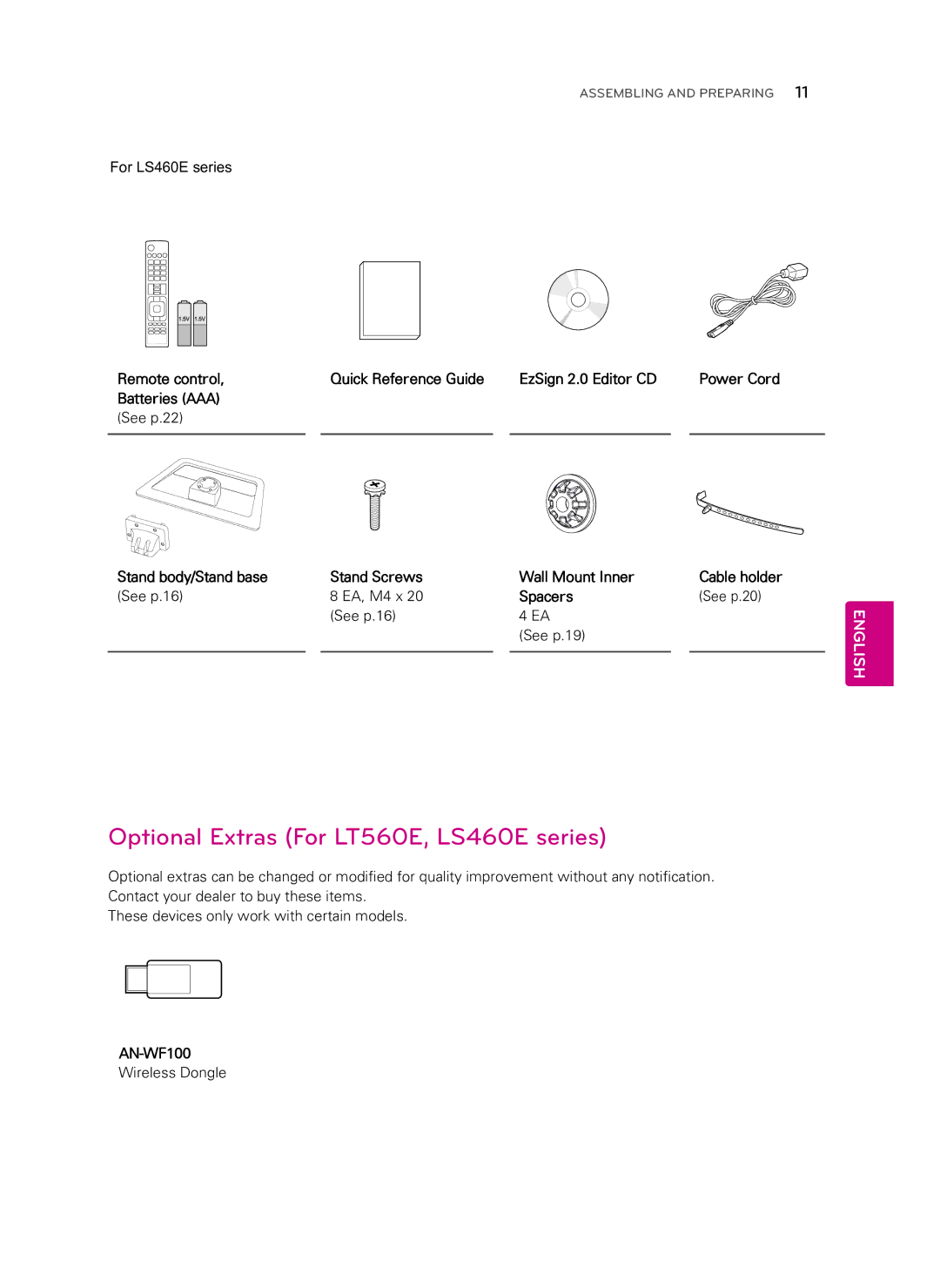 LG Electronics 55LS460E manual Optional Extras For LT560E, LS460E series, Spacers, AN-WF100 