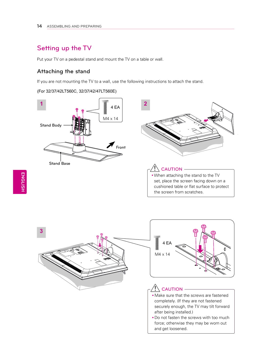 LG Electronics 55LS460E manual Setting up the TV, Attaching the stand 