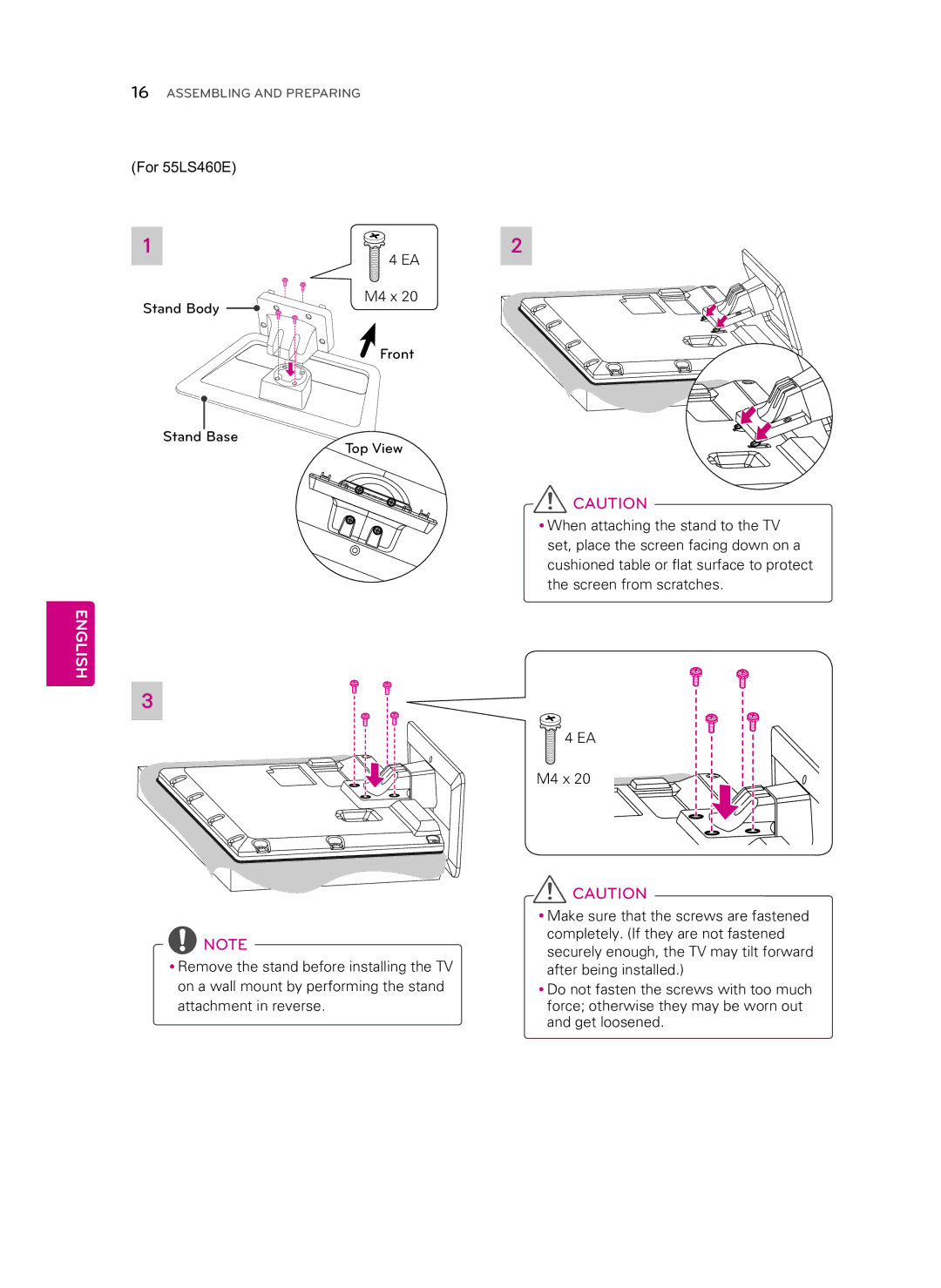 LG Electronics manual English, For 55LS460E Stand Body M4 x Front Stand Base 