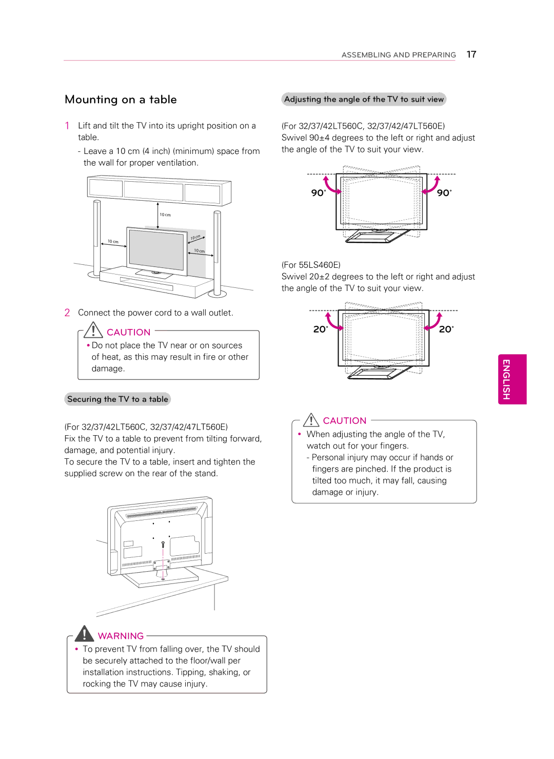 LG Electronics 55LS460E manual Mounting on a table 