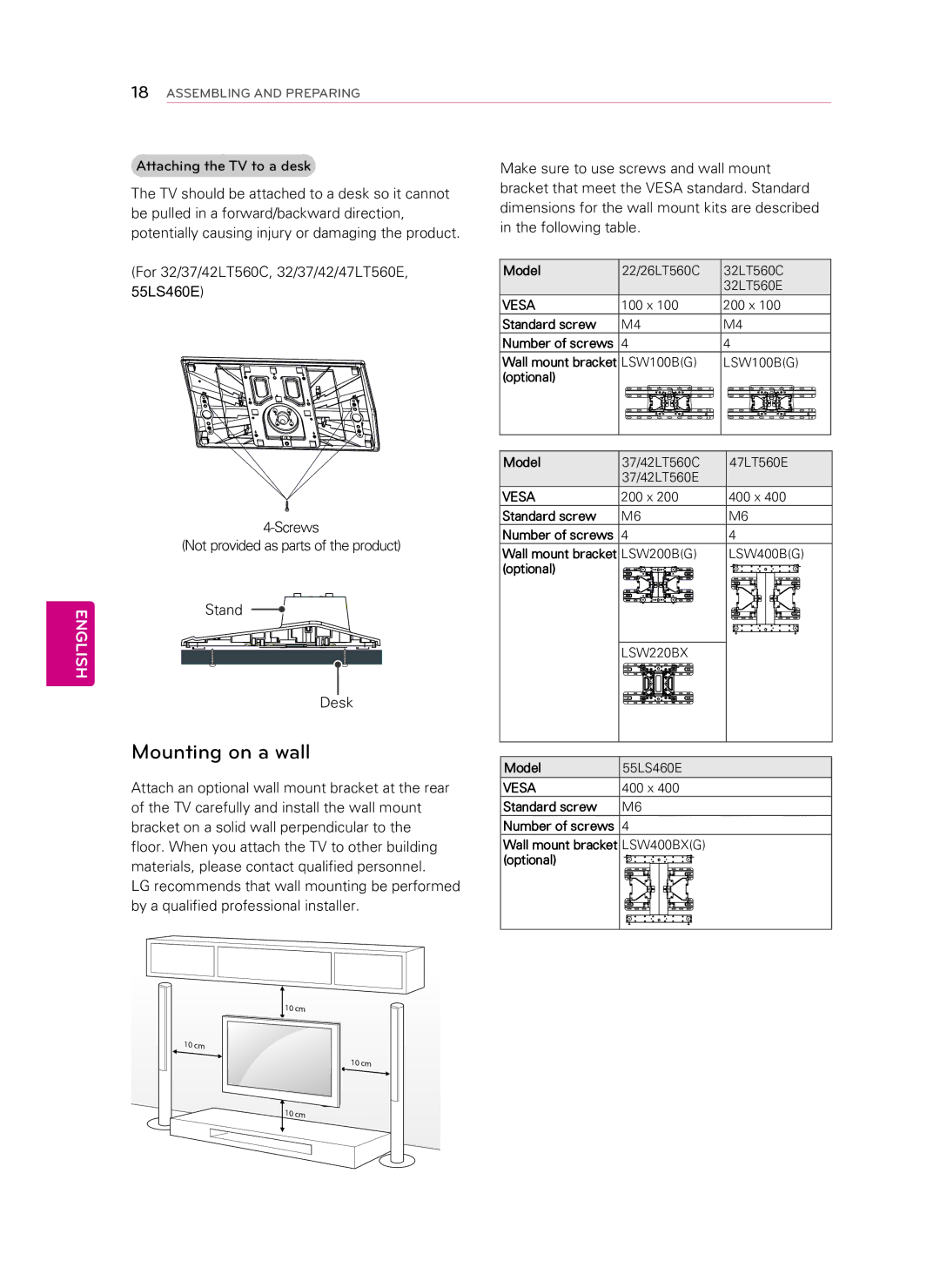 LG Electronics 55LS460E manual Attaching the TV to a desk 