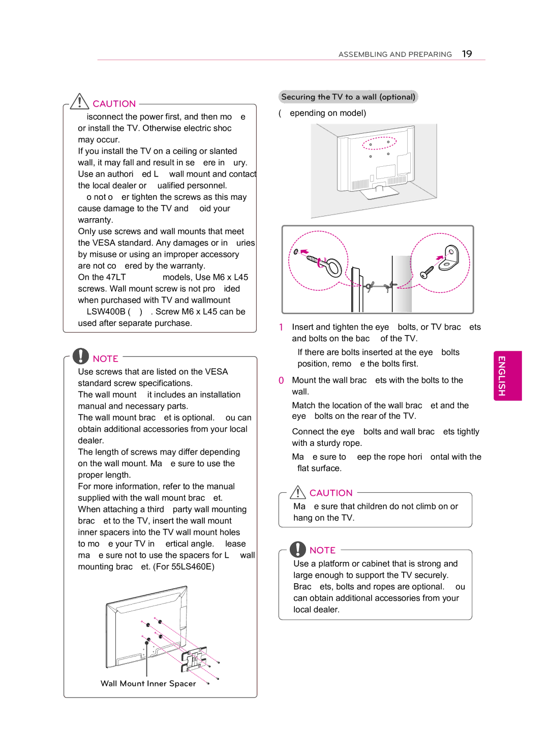 LG Electronics 55LS460E Securing the TV to a wall optional, Depending on model, YDisconnect the power first, and then move 