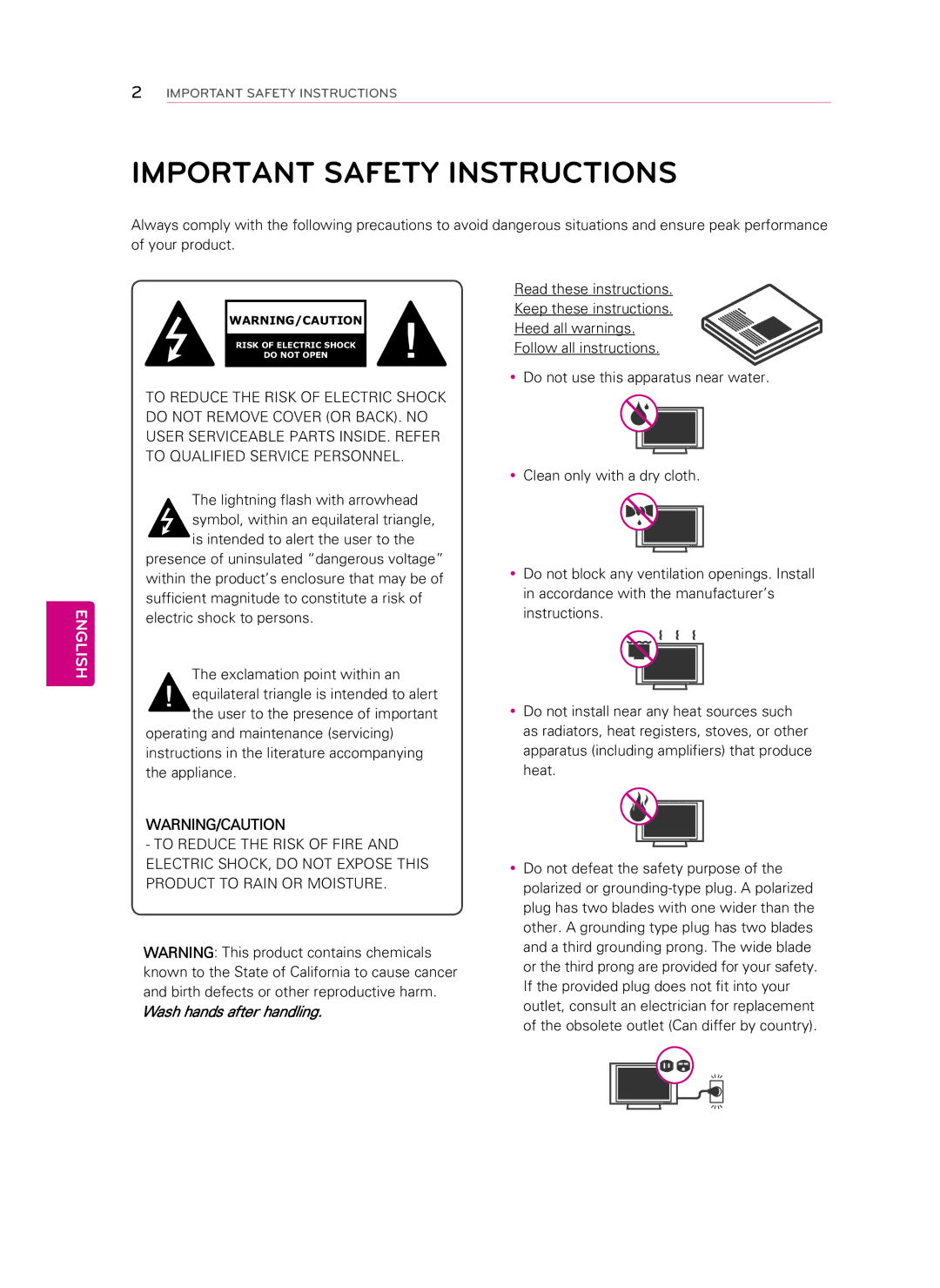 LG Electronics 55LS460E manual Important Safety Instructions, English 