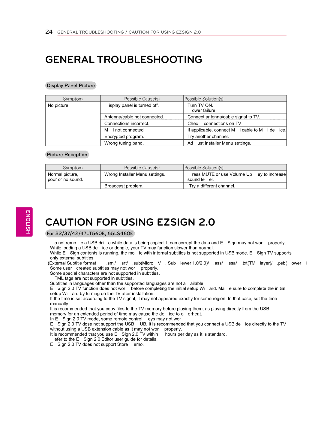 LG Electronics manual General Troubleshooting, Display Panel Picture, For 32/37/42/47LT560E, 55LS460E 