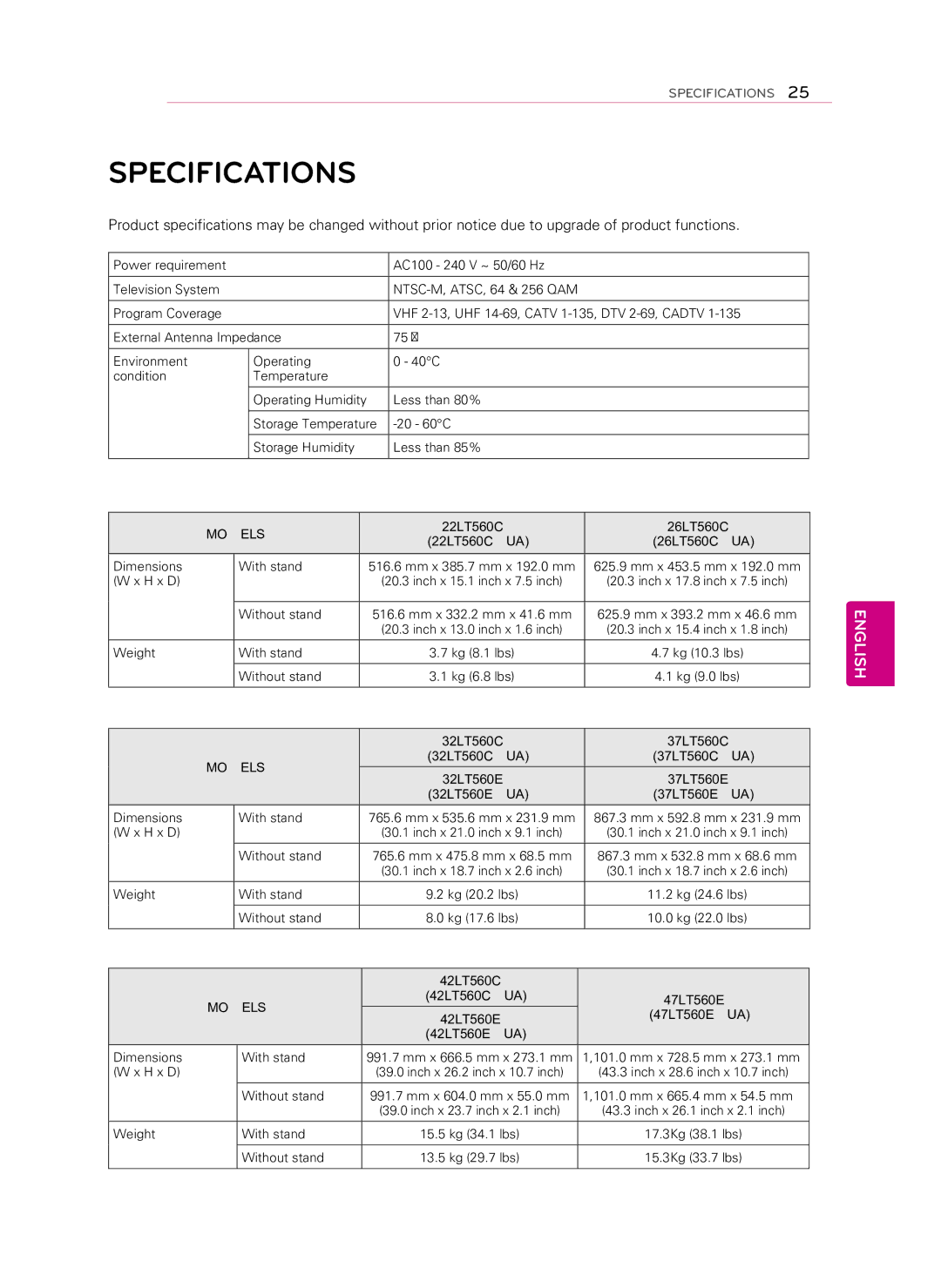 LG Electronics 55LS460E manual Specifications, 47LT560E-UA 