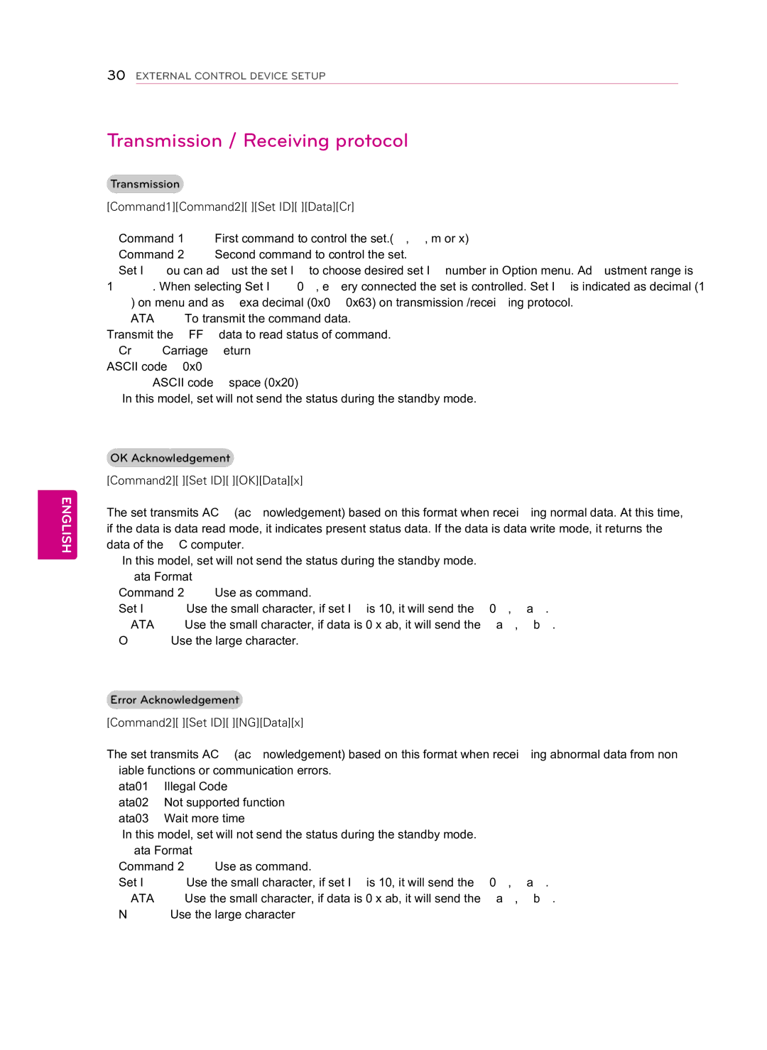 LG Electronics 55LS460E manual Transmission / Receiving protocol, Command1Command2 Set ID DataCr, Command2 Set ID OKDatax 