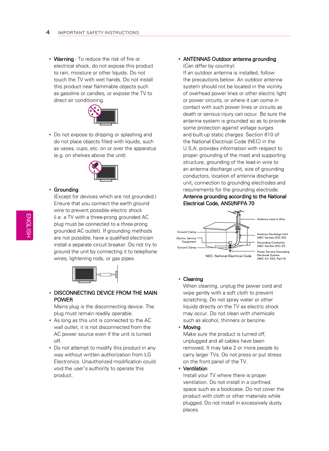 LG Electronics 55LS460E YyGrounding, YyANTENNAS Outdoor antenna grounding Can differ by country, YyCleaning, YyMoving 