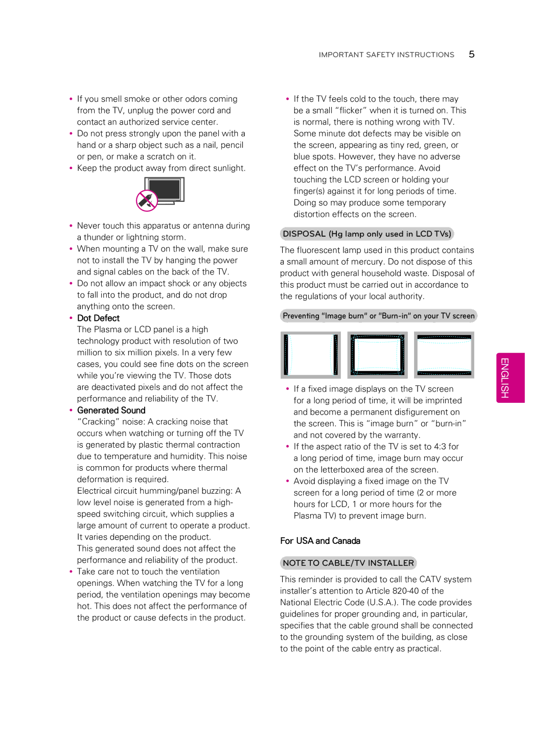 LG Electronics 55LS460E manual YyDot Defect, YyGenerated Sound, Preventing Image burn or Burn-in on your TV screen 