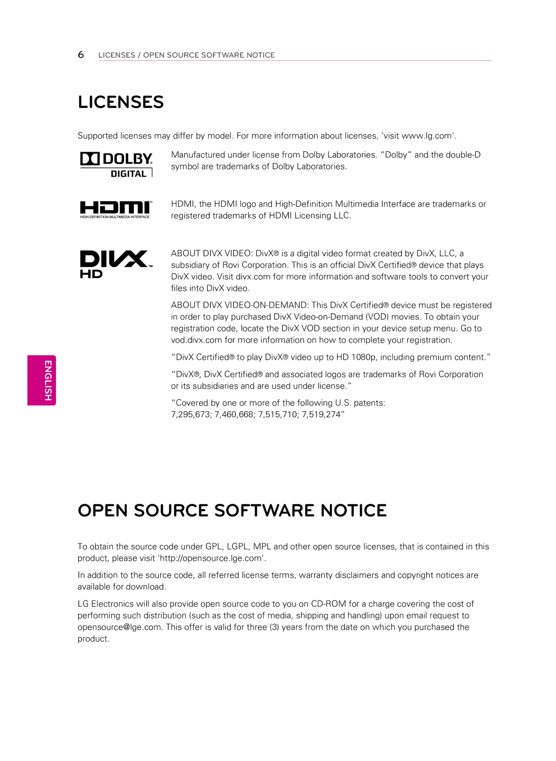 LG Electronics 55LS460E manual Licenses, Open Source Software Notice 