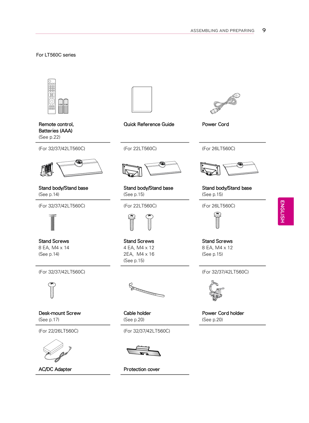 LG Electronics 55LS460E Stand Screws, Desk-mount Screw Cable holder Power Cord holder, AC/DC Adapter Protection cover 