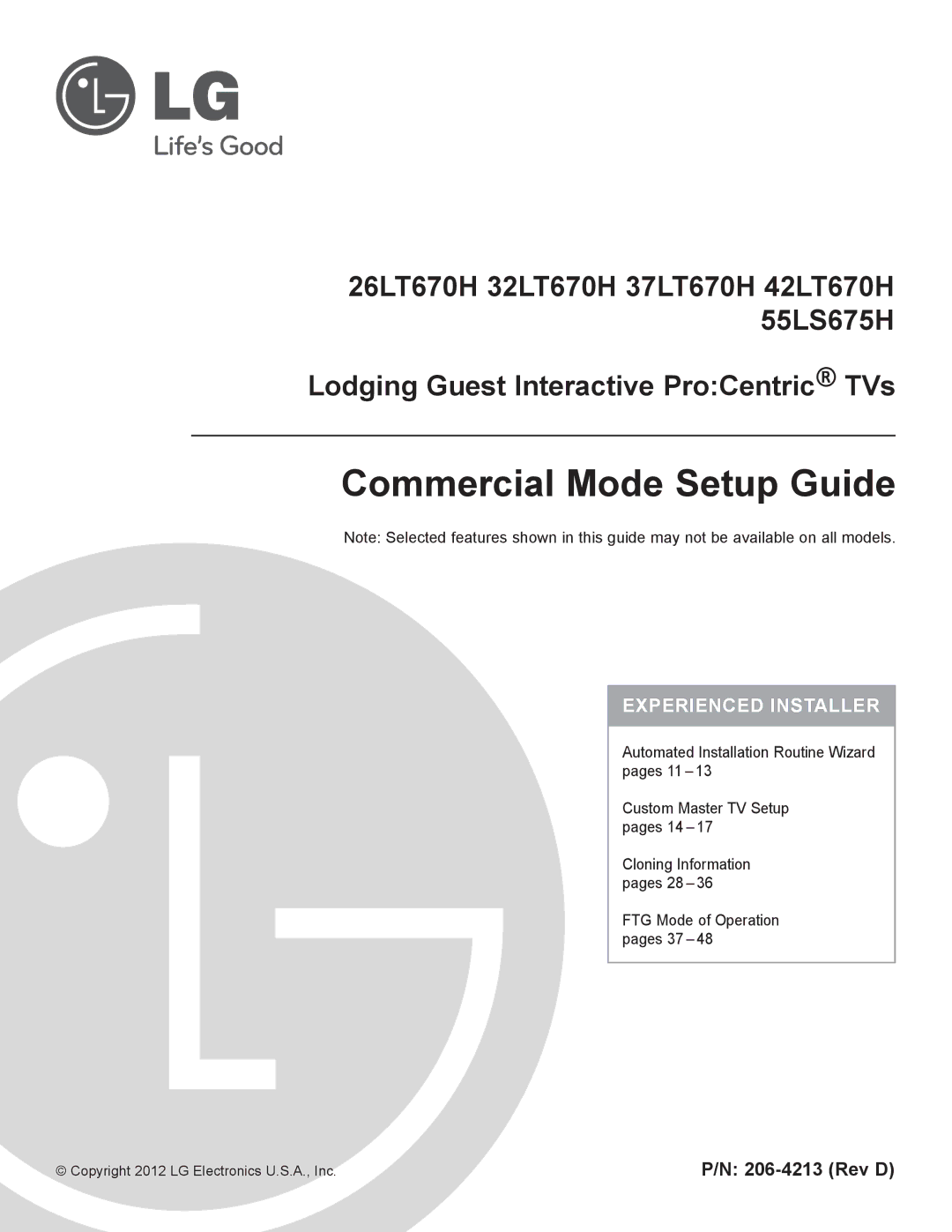 LG Electronics 42LT670H, 55LS675H, 37LT670H, 32LT670H, 26LT670H setup guide Rev D, Copyright 2012 LG Electronics U.S.A., Inc 