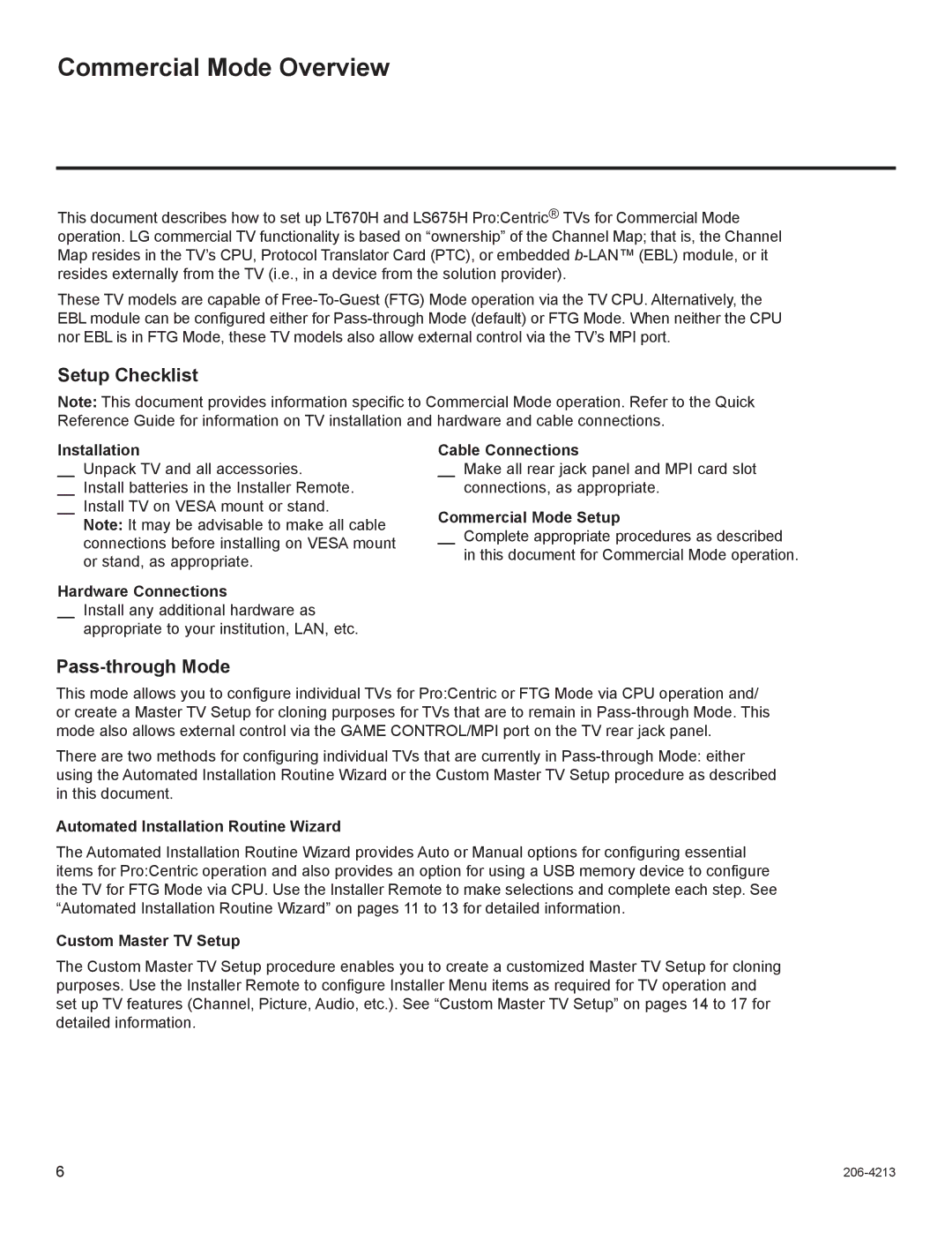 LG Electronics 42LT670H, 55LS675H, 37LT670H, 32LT670H, 26LT670H Commercial Mode Overview, Setup Checklist, Pass-through Mode 