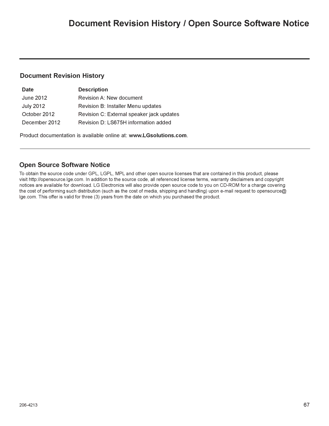 LG Electronics 37LT670H, 55LS675H, 42LT670H Document Revision History / Open Source Software Notice, Date Description 