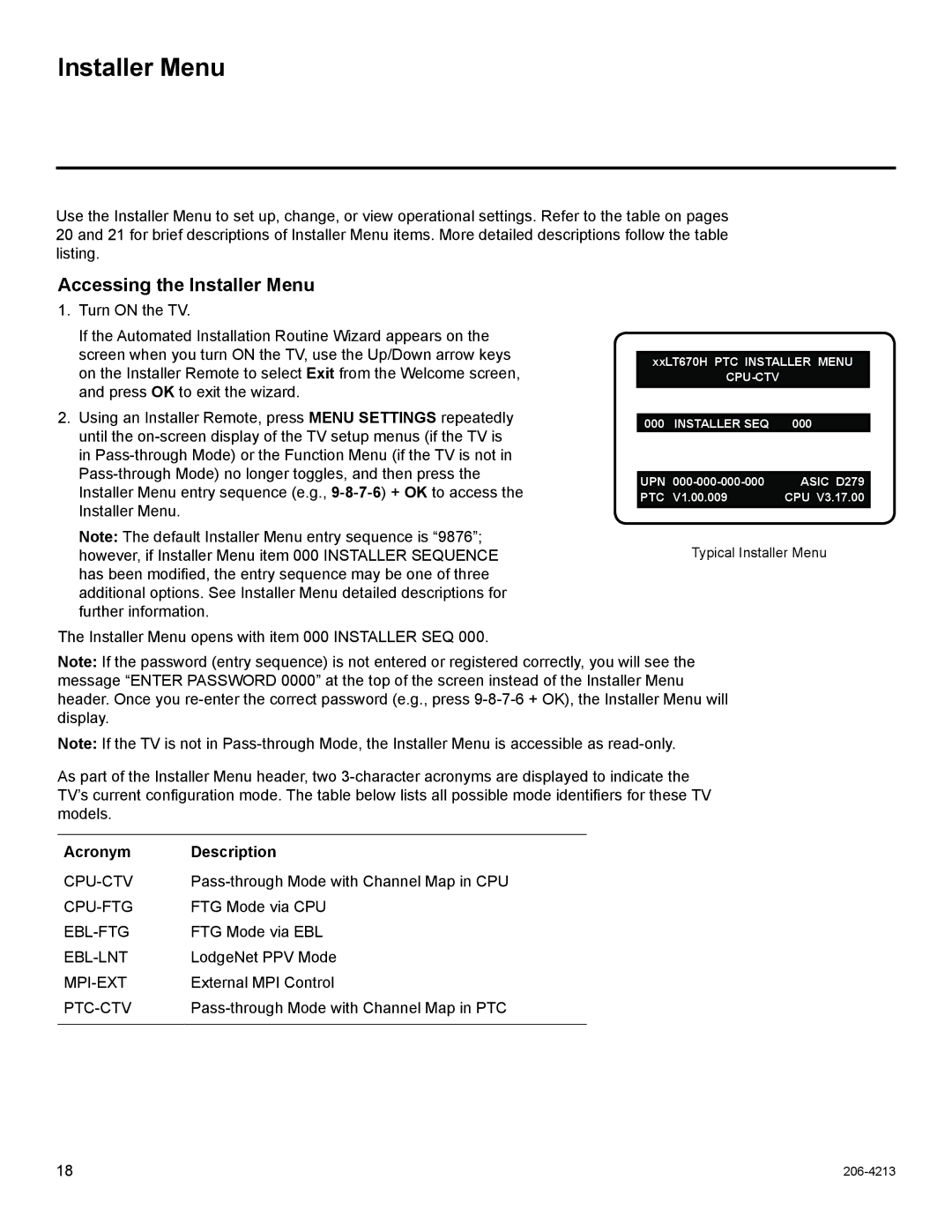 LG Electronics 32LT670H, 55LS675H, 42LT670H, 37LT670H, 26LT670H Accessing the Installer Menu, Acronym Description 