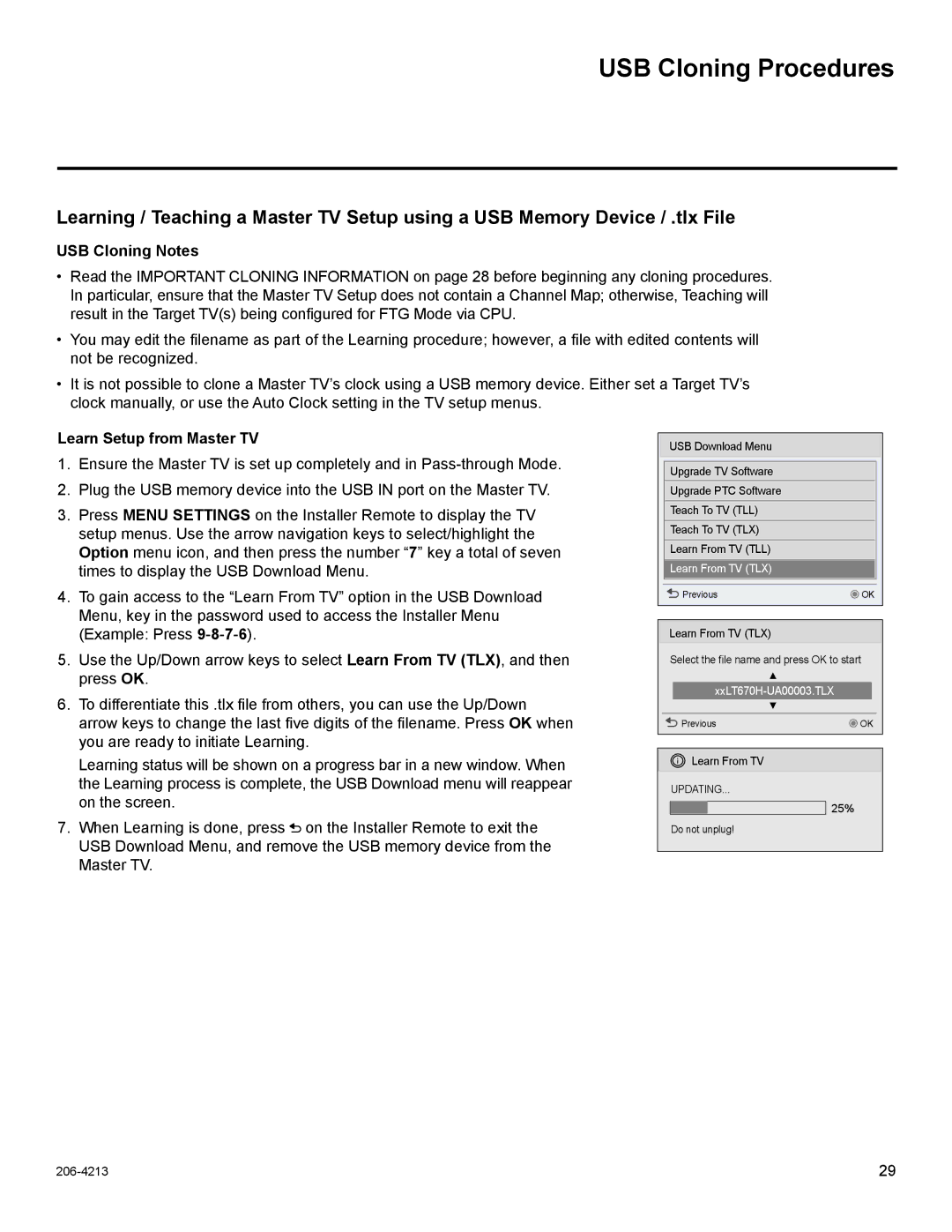LG Electronics 26LT670H, 55LS675H, 42LT670H, 37LT670H USB Cloning Procedures, USB Cloning Notes, Learn Setup from Master TV 